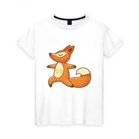 Женская футболка хлопок с принтом Лисенок занимается йогой в Санкт-Петербурге, 100% хлопок | прямой крой, круглый вырез горловины, длина до линии бедер, слегка спущенное плечо | fox | гимнастика | йога | лис | лиса | лисенок | рыжая | упражнения