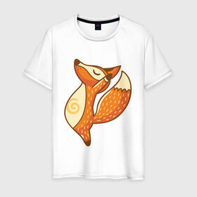 Мужская футболка хлопок с принтом Лисенок занимается йогой в Санкт-Петербурге, 100% хлопок | прямой крой, круглый вырез горловины, длина до линии бедер, слегка спущенное плечо. | fox | гимнастика | йога | лис | лиса | лисенок | рыжая | упражнения