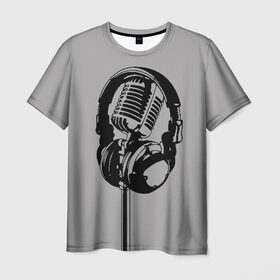 Мужская футболка 3D с принтом Микрофон в Санкт-Петербурге, 100% полиэфир | прямой крой, круглый вырез горловины, длина до линии бедер | black | gray | headphones | microphone | music | music lover | sound | звук | меломан | микрофон | музыка | наушники | серый | черный