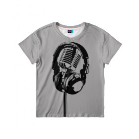 Детская футболка 3D с принтом Микрофон в Санкт-Петербурге, 100% гипоаллергенный полиэфир | прямой крой, круглый вырез горловины, длина до линии бедер, чуть спущенное плечо, ткань немного тянется | black | gray | headphones | microphone | music | music lover | sound | звук | меломан | микрофон | музыка | наушники | серый | черный