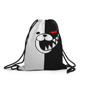 Рюкзак-мешок 3D с принтом MONOKUMA в Санкт-Петербурге, 100% полиэстер | плотность ткани — 200 г/м2, размер — 35 х 45 см; лямки — толстые шнурки, застежка на шнуровке, без карманов и подкладки | anime | bear | black  white | danganronpa | kurokuma | monodam | monokuma | monomi | monotaro | pink | rabbit | school | shirokuma | аниме | главарь | мoноми | монокума | черно белый | школа