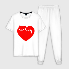 Мужская пижама хлопок с принтом Love Cat в Санкт-Петербурге, 100% хлопок | брюки и футболка прямого кроя, без карманов, на брюках мягкая резинка на поясе и по низу штанин
 | animal | cat | cute | heart | kitty | meow | друг | животные | киска | китти | кот | котенок | котик | кошечка | кошка | лев | леопард | любовь | милый | мур | мышь | мяу | пантера | питомец | рысь | сердце | тигр | улыбка