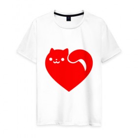 Мужская футболка хлопок с принтом Love Cat в Санкт-Петербурге, 100% хлопок | прямой крой, круглый вырез горловины, длина до линии бедер, слегка спущенное плечо. | animal | cat | cute | heart | kitty | meow | друг | животные | киска | китти | кот | котенок | котик | кошечка | кошка | лев | леопард | любовь | милый | мур | мышь | мяу | пантера | питомец | рысь | сердце | тигр | улыбка
