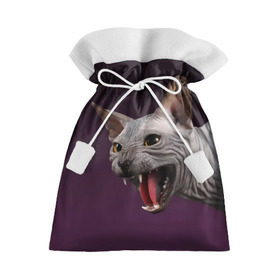 Подарочный 3D мешок с принтом Сфинкс в Санкт-Петербурге, 100% полиэстер | Размер: 29*39 см | aggressive | angry | animal | bald | breed | cat | dangerous | fangs | gray | purple | sphinx | агрессивный | животное | злой | клыки | кот | лысый | опасный | порода | серый | сфинкс | фиолетовый