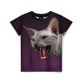 Детская футболка 3D с принтом Сфинкс в Санкт-Петербурге, 100% гипоаллергенный полиэфир | прямой крой, круглый вырез горловины, длина до линии бедер, чуть спущенное плечо, ткань немного тянется | aggressive | angry | animal | bald | breed | cat | dangerous | fangs | gray | purple | sphinx | агрессивный | животное | злой | клыки | кот | лысый | опасный | порода | серый | сфинкс | фиолетовый
