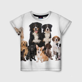 Детская футболка 3D с принтом Породистые собаки в Санкт-Петербурге, 100% гипоаллергенный полиэфир | прямой крой, круглый вырез горловины, длина до линии бедер, чуть спущенное плечо, ткань немного тянется | Тематика изображения на принте: animal | bernese | breed | bulldog | corgi | cute | dog | french | funny | jack | labrador | mountain dog | muzzle | paws | pug | puppy | spaniel | бернский | бульдог | джек рассел | животное | забавный | зенненхунд | корги | лабрадор | лапы | милый