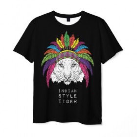 Мужская футболка 3D с принтом Indian style tiger в Санкт-Петербурге, 100% полиэфир | прямой крой, круглый вырез горловины, длина до линии бедер | animal | ethnic | feathers | multicolored | muzzle | predator | tiger | животное | перья | разноцветный | тигр | этнический