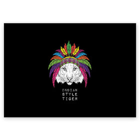 Поздравительная открытка с принтом Indian style tiger в Санкт-Петербурге, 100% бумага | плотность бумаги 280 г/м2, матовая, на обратной стороне линовка и место для марки
 | animal | ethnic | feathers | multicolored | muzzle | predator | tiger | животное | перья | разноцветный | тигр | этнический