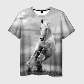 Мужская футболка 3D с принтом Белая лошадь в Санкт-Петербурге, 100% полиэфир | прямой крой, круглый вырез горловины, длина до линии бедер | Тематика изображения на принте: animal | beautiful | gloss | horse | mane | mustang | muzzle | nature | white | wild | белый | грива | дикий | животное | конь | красивый | лоск | лошадь | мустанг | природа | скакун
