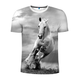 Мужская футболка 3D спортивная с принтом Белая лошадь в Санкт-Петербурге, 100% полиэстер с улучшенными характеристиками | приталенный силуэт, круглая горловина, широкие плечи, сужается к линии бедра | animal | beautiful | gloss | horse | mane | mustang | muzzle | nature | white | wild | белый | грива | дикий | животное | конь | красивый | лоск | лошадь | мустанг | природа | скакун