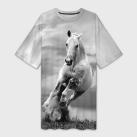 Платье-футболка 3D с принтом Белая лошадь в Санкт-Петербурге,  |  | animal | beautiful | gloss | horse | mane | mustang | muzzle | nature | white | wild | белый | грива | дикий | животное | конь | красивый | лоск | лошадь | мустанг | природа | скакун