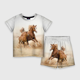 Детский костюм с шортами 3D с принтом Лошадь с жеребенком в Санкт-Петербурге,  |  | animal | baby | beautiful | brown | desert | foal | horse | mustang | nature | wild | дикий | жеребенок | животное | конь | коричневый | красивый | лошадь | малыш | мустанг | природа | пустыня | скакун