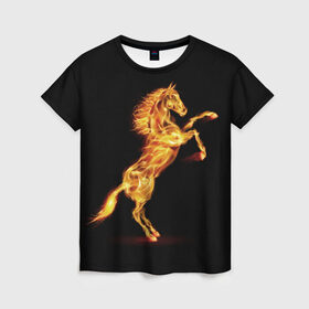 Женская футболка 3D с принтом Огненная лошадь в Санкт-Петербурге, 100% полиэфир ( синтетическое хлопкоподобное полотно) | прямой крой, круглый вырез горловины, длина до линии бедер | animal | beautiful | black | fiery | fire | hooves | horse | mane | wild | грива | дикий | животное | конь | копыта | красивый | лошадь | огненный | огонь | скакун | черный