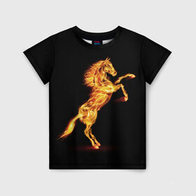 Детская футболка 3D с принтом Огненная лошадь в Санкт-Петербурге, 100% гипоаллергенный полиэфир | прямой крой, круглый вырез горловины, длина до линии бедер, чуть спущенное плечо, ткань немного тянется | animal | beautiful | black | fiery | fire | hooves | horse | mane | wild | грива | дикий | животное | конь | копыта | красивый | лошадь | огненный | огонь | скакун | черный