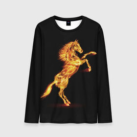 Мужской лонгслив 3D с принтом Огненная лошадь в Санкт-Петербурге, 100% полиэстер | длинные рукава, круглый вырез горловины, полуприлегающий силуэт | animal | beautiful | black | fiery | fire | hooves | horse | mane | wild | грива | дикий | животное | конь | копыта | красивый | лошадь | огненный | огонь | скакун | черный