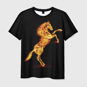 Мужская футболка 3D с принтом Огненная лошадь в Санкт-Петербурге, 100% полиэфир | прямой крой, круглый вырез горловины, длина до линии бедер | animal | beautiful | black | fiery | fire | hooves | horse | mane | wild | грива | дикий | животное | конь | копыта | красивый | лошадь | огненный | огонь | скакун | черный