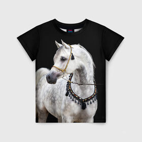 Детская футболка 3D с принтом Серый в яблоках конь в Санкт-Петербурге, 100% гипоаллергенный полиэфир | прямой крой, круглый вырез горловины, длина до линии бедер, чуть спущенное плечо, ткань немного тянется | animal | beautiful | black | eyes | gloss | gray | harness | horse | in apples | look | muzzle | spotted | white | белый | в яблоках | взгляд | глаза | животное | конь | красивый | лоск | лошадь | пятнистый | сбруя | серый | скакун | черный