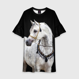 Детское платье 3D с принтом Серый в яблоках конь в Санкт-Петербурге, 100% полиэстер | прямой силуэт, чуть расширенный к низу. Круглая горловина, на рукавах — воланы | animal | beautiful | black | eyes | gloss | gray | harness | horse | in apples | look | muzzle | spotted | white | белый | в яблоках | взгляд | глаза | животное | конь | красивый | лоск | лошадь | пятнистый | сбруя | серый | скакун | черный