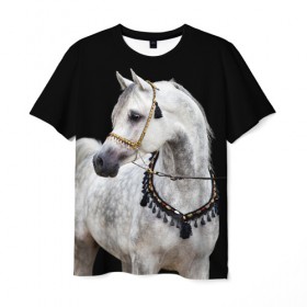 Мужская футболка 3D с принтом Серый в яблоках конь в Санкт-Петербурге, 100% полиэфир | прямой крой, круглый вырез горловины, длина до линии бедер | animal | beautiful | black | eyes | gloss | gray | harness | horse | in apples | look | muzzle | spotted | white | белый | в яблоках | взгляд | глаза | животное | конь | красивый | лоск | лошадь | пятнистый | сбруя | серый | скакун | черный