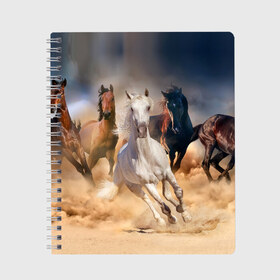Тетрадь с принтом Табун в Санкт-Петербурге, 100% бумага | 48 листов, плотность листов — 60 г/м2, плотность картонной обложки — 250 г/м2. Листы скреплены сбоку удобной пружинной спиралью. Уголки страниц и обложки скругленные. Цвет линий — светло-серый
 | animal | beautiful | black | brown | desert | gloss | herd | horse | mane | mustang | muzzle | nature | sand | white | wild | белый | грива | дикий | животное | конь | коричневый | красивый | лоск | лошадь | мустанг | песок | природа | пусты