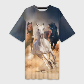 Платье-футболка 3D с принтом Табун в Санкт-Петербурге,  |  | animal | beautiful | black | brown | desert | gloss | herd | horse | mane | mustang | muzzle | nature | sand | white | wild | белый | грива | дикий | животное | конь | коричневый | красивый | лоск | лошадь | мустанг | песок | природа | пусты