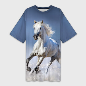 Платье-футболка 3D с принтом Белая лошадь в Санкт-Петербурге,  |  | animal | beautiful | gloss | horse | mane | mustang | muzzle | nature | snow | white | wild | winter | белый | грива | дикий | животное | зима | конь | красивый | лоск | лошадь | мустанг | природа | скакун | снег