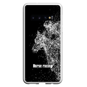 Чехол для Samsung Galaxy S10 с принтом Horse racing в Санкт-Петербурге, Силикон | Область печати: задняя сторона чехла, без боковых панелей | Тематика изображения на принте: animal | black | horse | points | rider | riding | slogan | sport | text | white | белый | езда | животное | конь | лошадь | наездник | слоган | спорт | текст | точки | черный