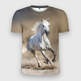 Мужская футболка 3D спортивная с принтом Белый конь в Санкт-Петербурге, 100% полиэстер с улучшенными характеристиками | приталенный силуэт, круглая горловина, широкие плечи, сужается к линии бедра | animal | beautiful | desert | gloss | horse | mane | mustang | muzzle | nature | sand | white | wild | белый | грива | дикий | животное | конь | красивый | лоск | лошадь | мустанг | песок | природа | пустыня | скакун
