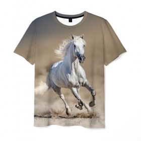 Мужская футболка 3D с принтом Белый конь в Санкт-Петербурге, 100% полиэфир | прямой крой, круглый вырез горловины, длина до линии бедер | animal | beautiful | desert | gloss | horse | mane | mustang | muzzle | nature | sand | white | wild | белый | грива | дикий | животное | конь | красивый | лоск | лошадь | мустанг | песок | природа | пустыня | скакун