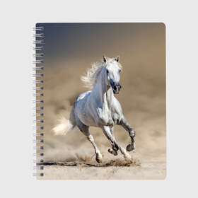 Тетрадь с принтом Белый конь в Санкт-Петербурге, 100% бумага | 48 листов, плотность листов — 60 г/м2, плотность картонной обложки — 250 г/м2. Листы скреплены сбоку удобной пружинной спиралью. Уголки страниц и обложки скругленные. Цвет линий — светло-серый
 | animal | beautiful | desert | gloss | horse | mane | mustang | muzzle | nature | sand | white | wild | белый | грива | дикий | животное | конь | красивый | лоск | лошадь | мустанг | песок | природа | пустыня | скакун
