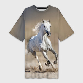 Платье-футболка 3D с принтом Белый конь в Санкт-Петербурге,  |  | animal | beautiful | desert | gloss | horse | mane | mustang | muzzle | nature | sand | white | wild | белый | грива | дикий | животное | конь | красивый | лоск | лошадь | мустанг | песок | природа | пустыня | скакун