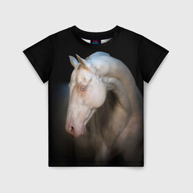 Детская футболка 3D с принтом Белая лошадь в Санкт-Петербурге, 100% гипоаллергенный полиэфир | прямой крой, круглый вырез горловины, длина до линии бедер, чуть спущенное плечо, ткань немного тянется | animal | black | breed | horse | muscle | muzzle | strength | unusual | white | белый | животное | конь | лошадь | мышцы | необычный | порода | сила | скакун