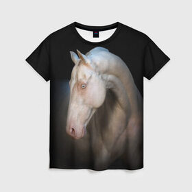Женская футболка 3D с принтом Белая лошадь в Санкт-Петербурге, 100% полиэфир ( синтетическое хлопкоподобное полотно) | прямой крой, круглый вырез горловины, длина до линии бедер | animal | black | breed | horse | muscle | muzzle | strength | unusual | white | белый | животное | конь | лошадь | мышцы | необычный | порода | сила | скакун