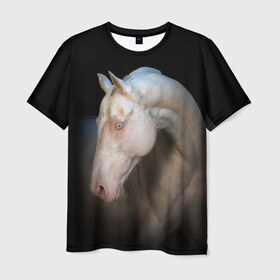 Мужская футболка 3D с принтом Белая лошадь в Санкт-Петербурге, 100% полиэфир | прямой крой, круглый вырез горловины, длина до линии бедер | Тематика изображения на принте: animal | black | breed | horse | muscle | muzzle | strength | unusual | white | белый | животное | конь | лошадь | мышцы | необычный | порода | сила | скакун