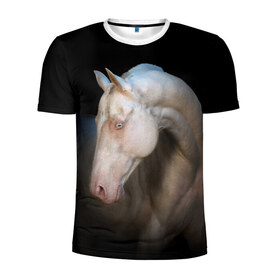 Мужская футболка 3D спортивная с принтом Белая лошадь в Санкт-Петербурге, 100% полиэстер с улучшенными характеристиками | приталенный силуэт, круглая горловина, широкие плечи, сужается к линии бедра | animal | black | breed | horse | muscle | muzzle | strength | unusual | white | белый | животное | конь | лошадь | мышцы | необычный | порода | сила | скакун