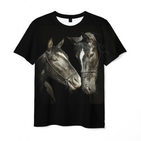 Мужская футболка 3D с принтом Лошади в Санкт-Петербурге, 100% полиэфир | прямой крой, круглый вырез горловины, длина до линии бедер | animal | beautiful | black | couple | eyes | gloss | harness | horse | look | muzzle | взгляд | глаза | животное | конь | красивый | лоск | лошади | пара | сбруя | скакуны | черные