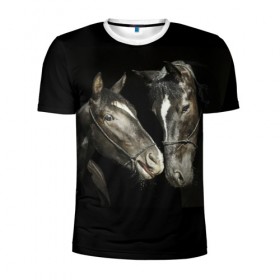 Мужская футболка 3D спортивная с принтом Лошади в Санкт-Петербурге, 100% полиэстер с улучшенными характеристиками | приталенный силуэт, круглая горловина, широкие плечи, сужается к линии бедра | animal | beautiful | black | couple | eyes | gloss | harness | horse | look | muzzle | взгляд | глаза | животное | конь | красивый | лоск | лошади | пара | сбруя | скакуны | черные