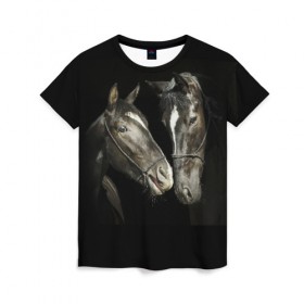Женская футболка 3D с принтом Лошади в Санкт-Петербурге, 100% полиэфир ( синтетическое хлопкоподобное полотно) | прямой крой, круглый вырез горловины, длина до линии бедер | animal | beautiful | black | couple | eyes | gloss | harness | horse | look | muzzle | взгляд | глаза | животное | конь | красивый | лоск | лошади | пара | сбруя | скакуны | черные