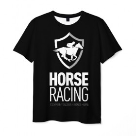 Мужская футболка 3D с принтом Horse racing в Санкт-Петербурге, 100% полиэфир | прямой крой, круглый вырез горловины, длина до линии бедер | animal | black | emblem | rider | riding | slogan | sport | text | white | белый | езда | животное | конь | лошадь | наездник | слоган | спорт | текст | черный | эмблема