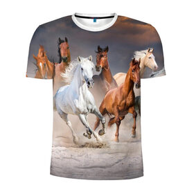 Мужская футболка 3D спортивная с принтом Табун в Санкт-Петербурге, 100% полиэстер с улучшенными характеристиками | приталенный силуэт, круглая горловина, широкие плечи, сужается к линии бедра | animal | beautiful | black | brown | desert | gloss | herd | horse | mane | mustang | muzzle | nature | sand | white | wild | белый | грива | дикий | животное | конь | коричневый | красивый | лоск | лошадь | мустанг | песок | природа | пусты