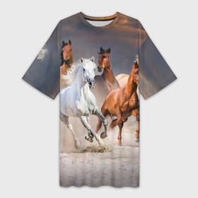 Платье-футболка 3D с принтом Табун в Санкт-Петербурге,  |  | animal | beautiful | black | brown | desert | gloss | herd | horse | mane | mustang | muzzle | nature | sand | white | wild | белый | грива | дикий | животное | конь | коричневый | красивый | лоск | лошадь | мустанг | песок | природа | пусты