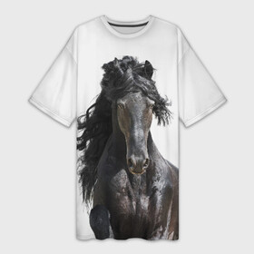 Платье-футболка 3D с принтом Лошадь в Санкт-Петербурге,  |  | animal | beautiful | black | horse | mane | mustang | muzzle | wild | грива | дикий | животное | конь | красивый | лошадь | мустанг | скакун | черный