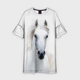 Детское платье 3D с принтом Белая лошадь в Санкт-Петербурге, 100% полиэстер | прямой силуэт, чуть расширенный к низу. Круглая горловина, на рукавах — воланы | Тематика изображения на принте: animal | beautiful | gloss | horse | mane | mustang | muzzle | white | wild | белый | грива | дикий | животное | конь | красивый | лоск | лошадь | мустанг | скакун