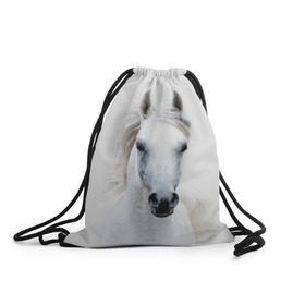 Рюкзак-мешок 3D с принтом Белая лошадь в Санкт-Петербурге, 100% полиэстер | плотность ткани — 200 г/м2, размер — 35 х 45 см; лямки — толстые шнурки, застежка на шнуровке, без карманов и подкладки | animal | beautiful | gloss | horse | mane | mustang | muzzle | white | wild | белый | грива | дикий | животное | конь | красивый | лоск | лошадь | мустанг | скакун
