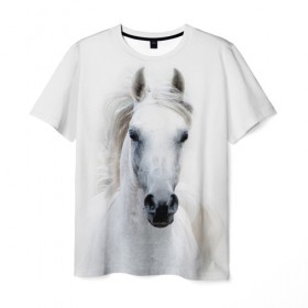 Мужская футболка 3D с принтом Белая лошадь в Санкт-Петербурге, 100% полиэфир | прямой крой, круглый вырез горловины, длина до линии бедер | Тематика изображения на принте: animal | beautiful | gloss | horse | mane | mustang | muzzle | white | wild | белый | грива | дикий | животное | конь | красивый | лоск | лошадь | мустанг | скакун