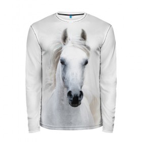 Мужской лонгслив 3D с принтом Белая лошадь в Санкт-Петербурге, 100% полиэстер | длинные рукава, круглый вырез горловины, полуприлегающий силуэт | Тематика изображения на принте: animal | beautiful | gloss | horse | mane | mustang | muzzle | white | wild | белый | грива | дикий | животное | конь | красивый | лоск | лошадь | мустанг | скакун