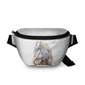 Поясная сумка 3D с принтом Белая лошадь в Санкт-Петербурге, 100% полиэстер | плотная ткань, ремень с регулируемой длиной, внутри несколько карманов для мелочей, основное отделение и карман с обратной стороны сумки застегиваются на молнию | animal | beautiful | drawing | horse | mane | muzzle | nature | white | wild | белый | грива | дикий | животное | конь | красивый | лошадь | природа | рисунок | скакун