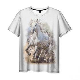 Мужская футболка 3D с принтом Белая лошадь в Санкт-Петербурге, 100% полиэфир | прямой крой, круглый вырез горловины, длина до линии бедер | Тематика изображения на принте: animal | beautiful | drawing | horse | mane | muzzle | nature | white | wild | белый | грива | дикий | животное | конь | красивый | лошадь | природа | рисунок | скакун