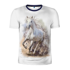 Мужская футболка 3D спортивная с принтом Белая лошадь в Санкт-Петербурге, 100% полиэстер с улучшенными характеристиками | приталенный силуэт, круглая горловина, широкие плечи, сужается к линии бедра | Тематика изображения на принте: animal | beautiful | drawing | horse | mane | muzzle | nature | white | wild | белый | грива | дикий | животное | конь | красивый | лошадь | природа | рисунок | скакун