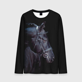 Мужской лонгслив 3D с принтом Конь вороной в Санкт-Петербурге, 100% полиэстер | длинные рукава, круглый вырез горловины, полуприлегающий силуэт | animal | beautiful | black | eyes | gloss | hairstyle | harness | horse | look | muzzle | взгляд | вороной | глаза | животное | конь | красивый | лоск | лошадь | прическа | сбруя | скакун | черный